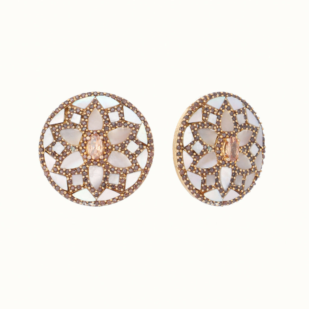 Nuyug 22K Gold Plated Mother of Pearls and Stone Studded Contemporary Floral Shaped Studs