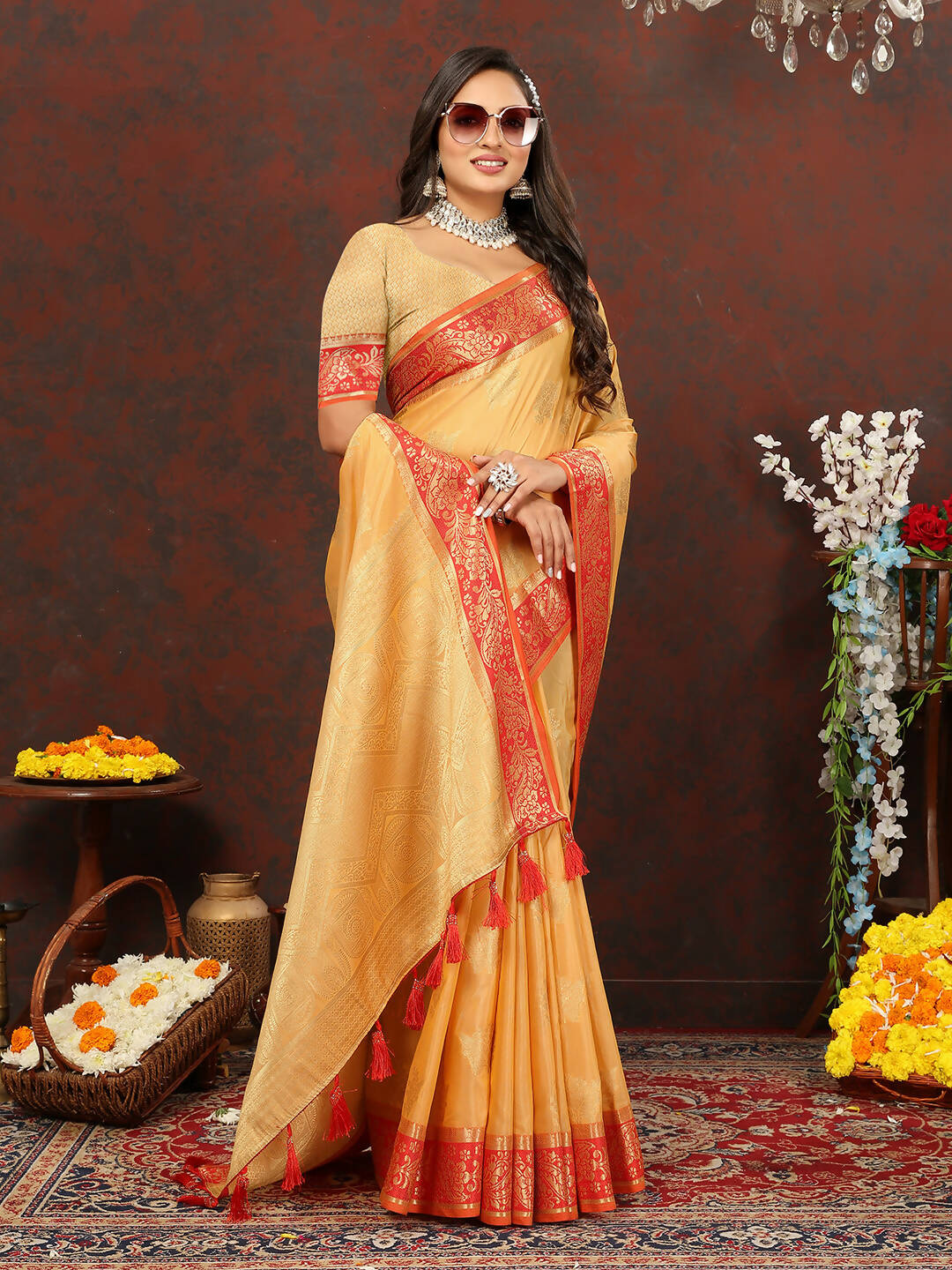 Lorenvalley Fashion Gold Cotton Woven Design with Zari Weaving Design Saree