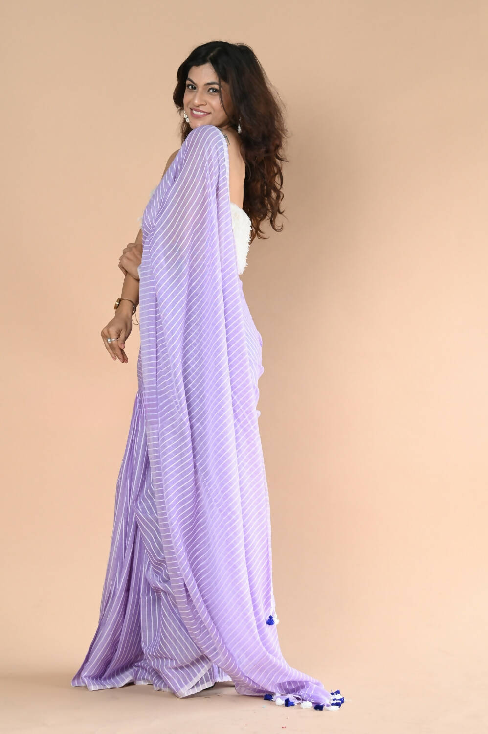 Very Much Indian Designer Pure Cotton Saree With All Over Linear Stripes - Lavender