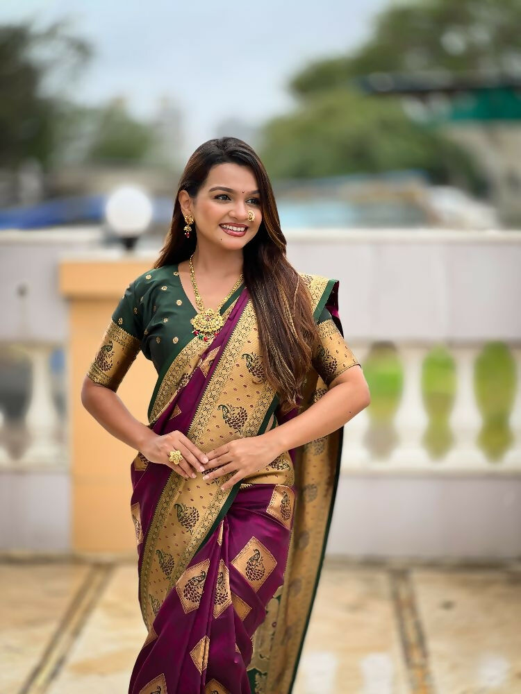 PR Fashion Wine Soft Banarasi Silk With Zari Weaving Meenakari Design Saree