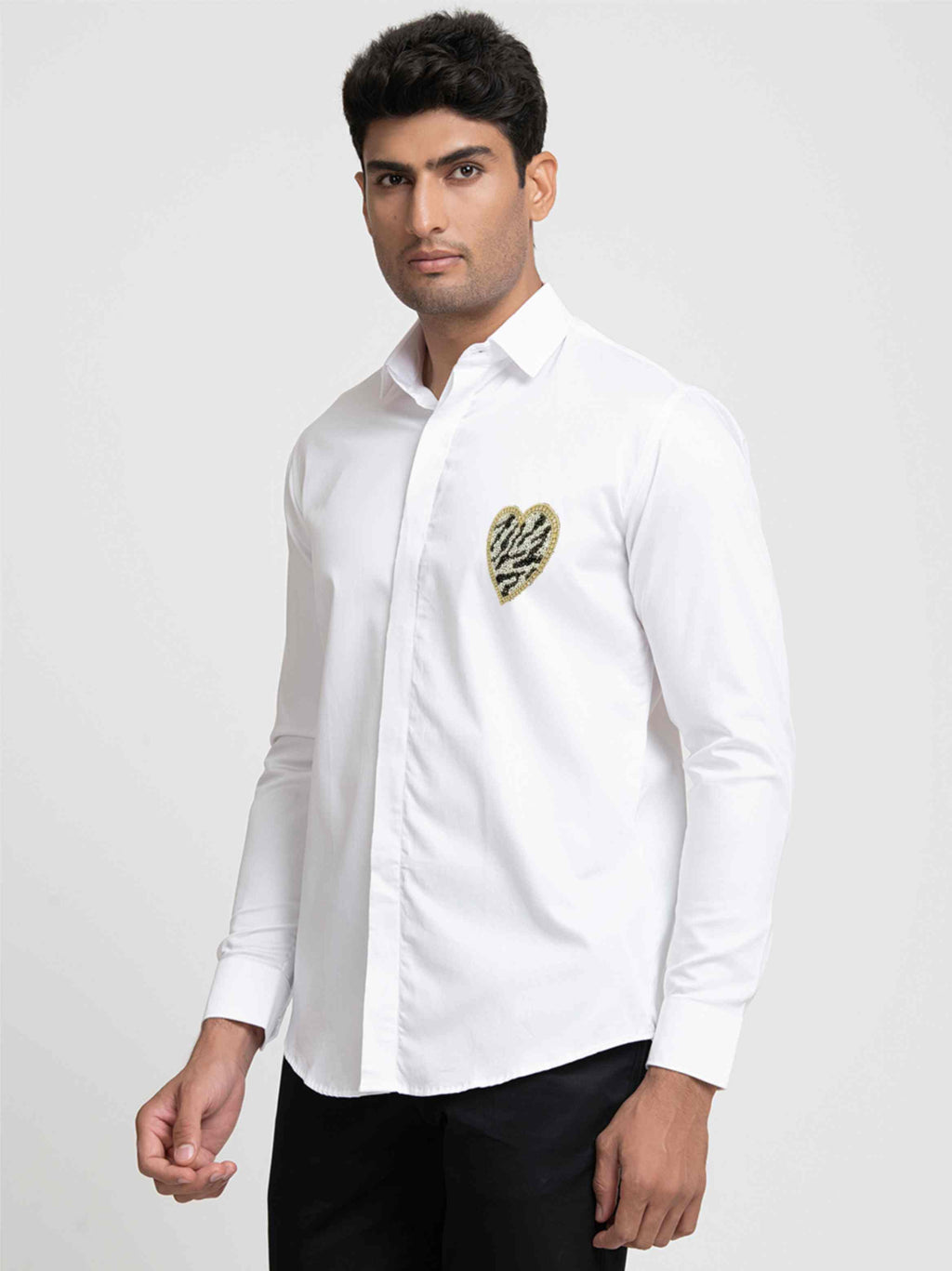 White And Black Heart Shaped Patch Shirt by Hilo Design