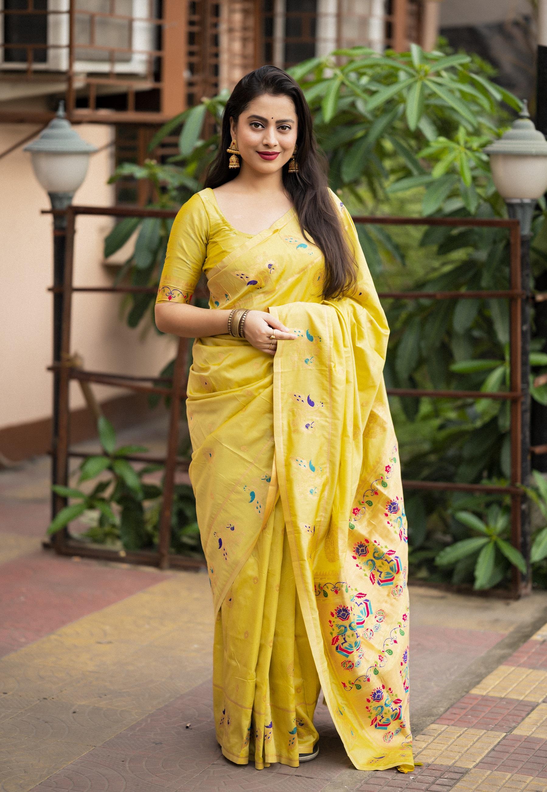 Lemon Green Pure Silk Woven Design Saree with Unstitched Blouse - Hiral Fashion