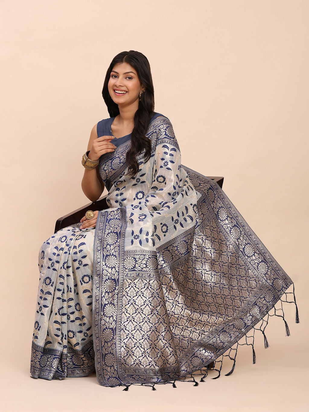 Shree Shyam Fashion Linen Cotton Navy Blue Saree