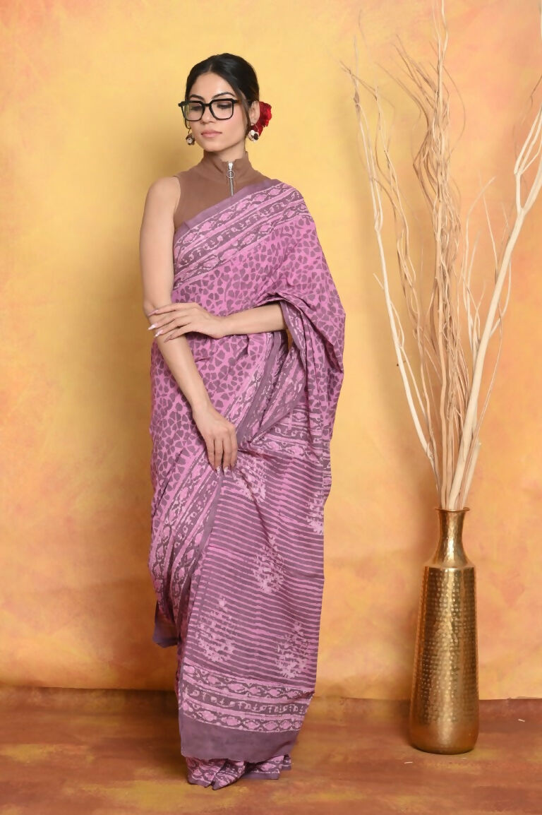 Very Much Indian Handblock Printed Cotton Saree With Natural Dyes - Pink