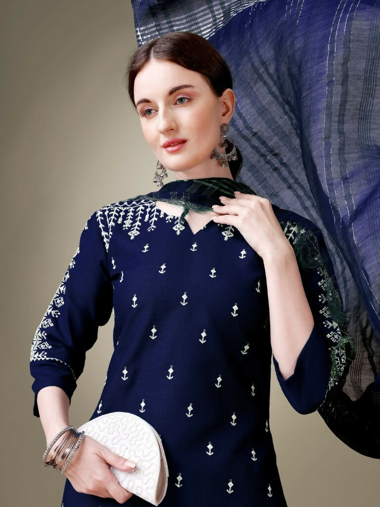 Jyoti Fashion Women's Navy Blue Cotton Blend Embroidery & Sequence work Kurta with Trouser & Dupatta