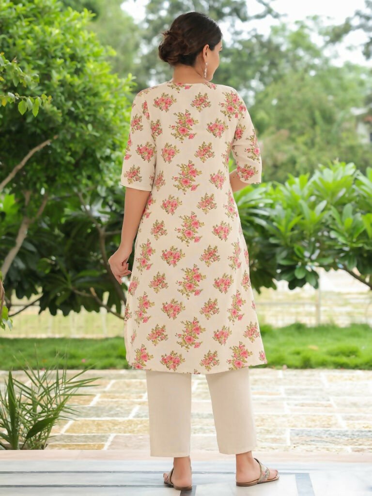 Aramya A-line Linen Cotton Floral Print Women's Kurta - Pink