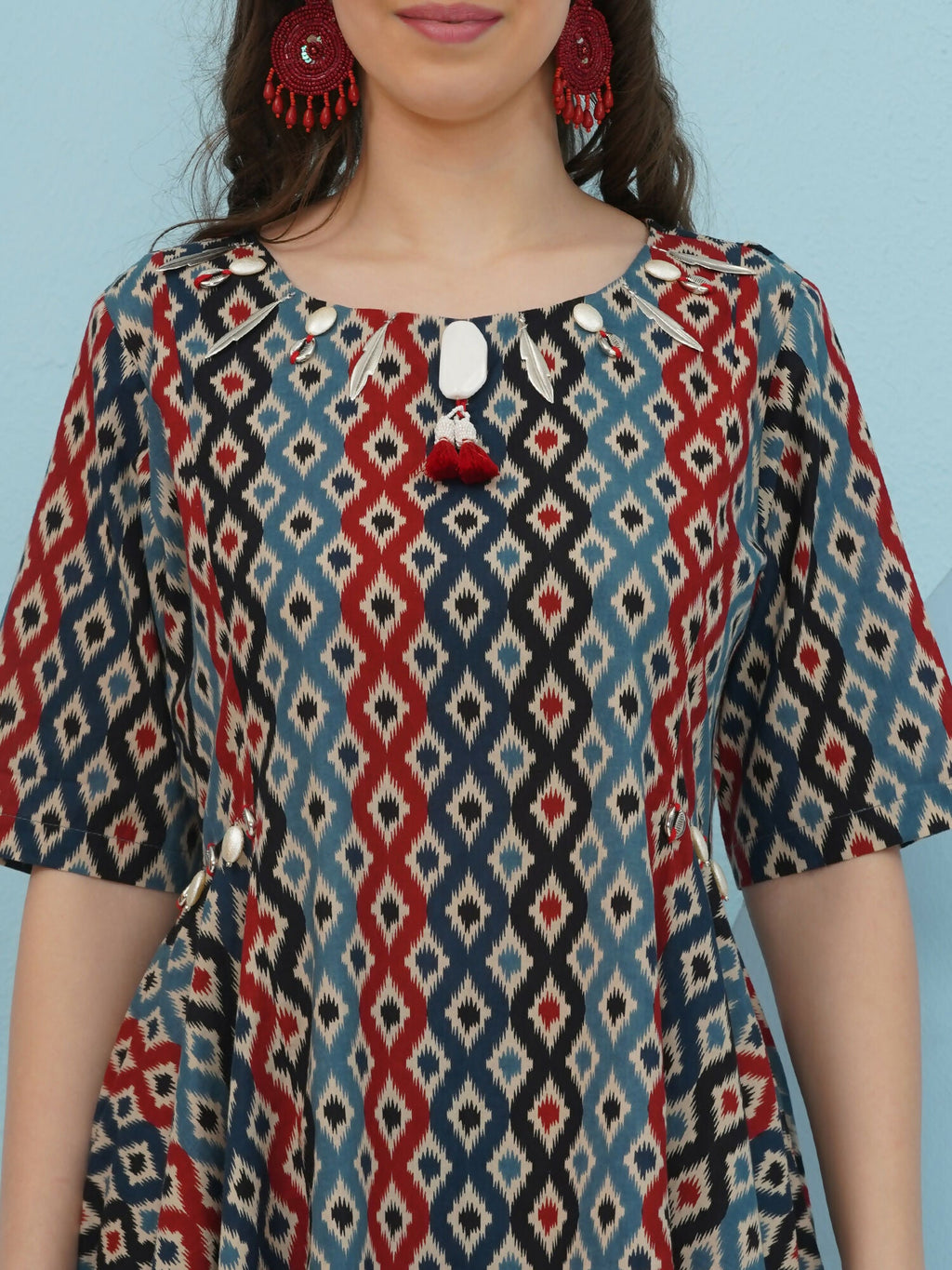 Joban Fashion Ikkat Printed Co Ord Set - Blue Red