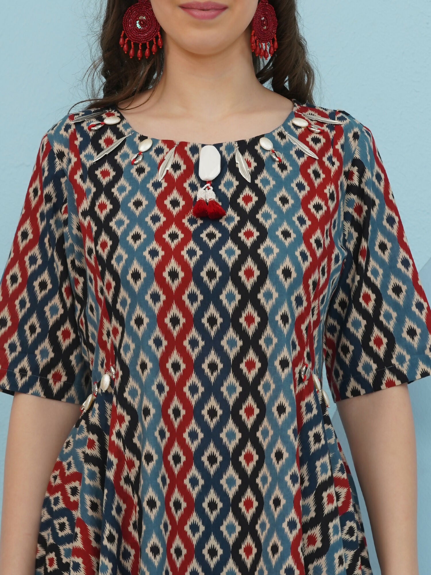 Joban Fashion Ikkat Printed Co Ord Set - Blue Red