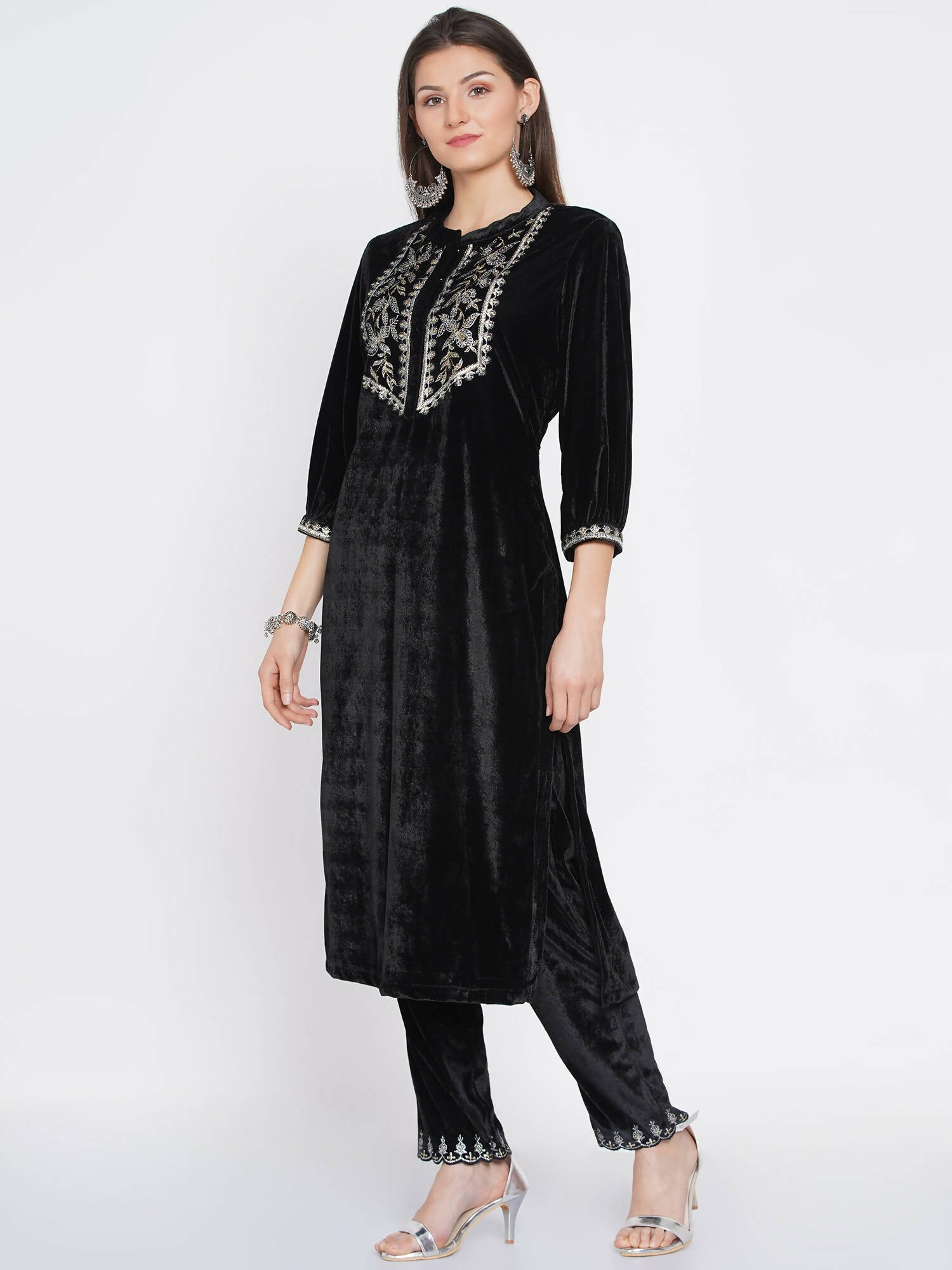 Women Republic Black Velvet Embroidered Kurta With Pants