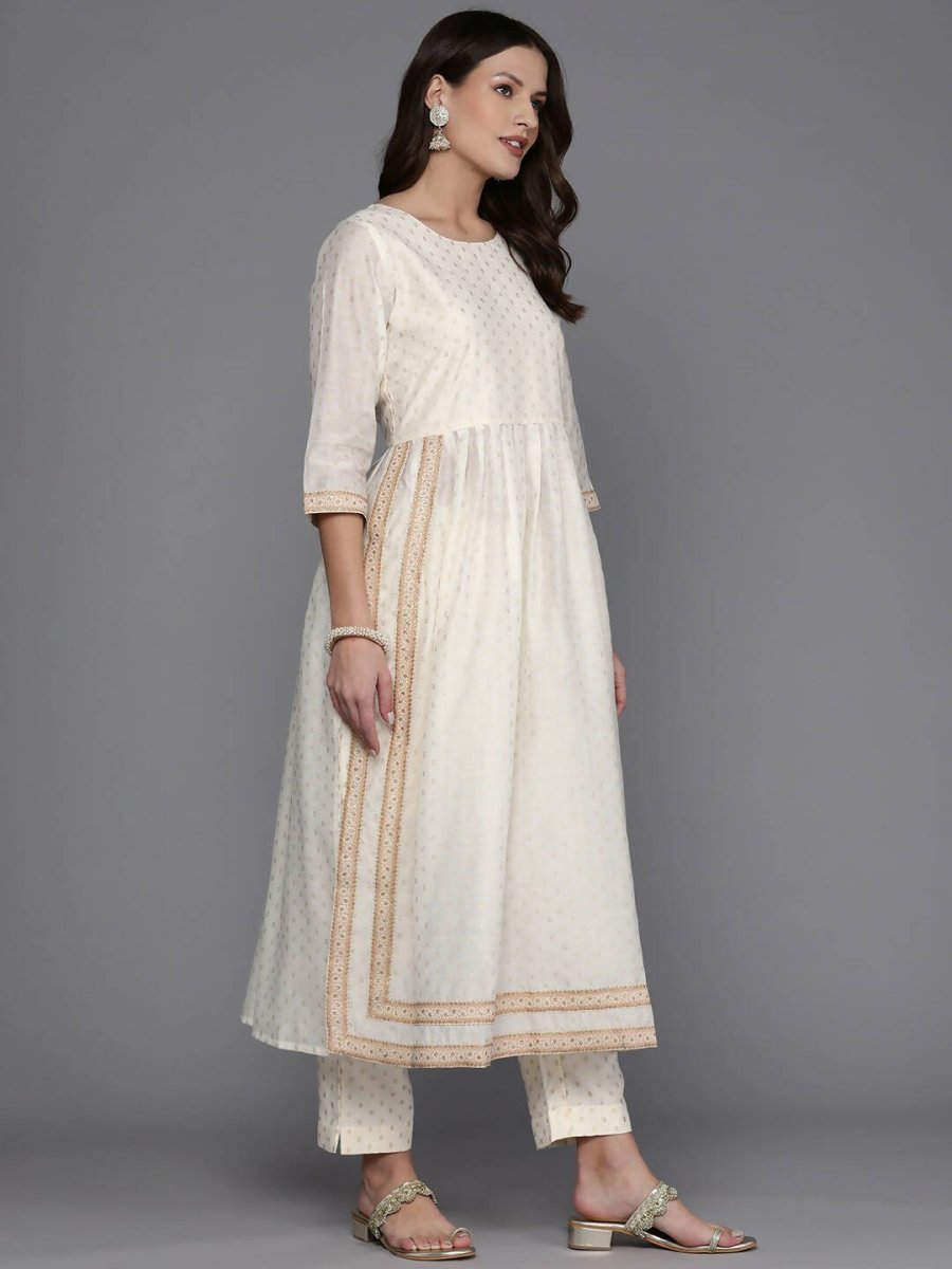 Ahalyaa Women Printed Pleated Kurta with Trousers - Off White Color