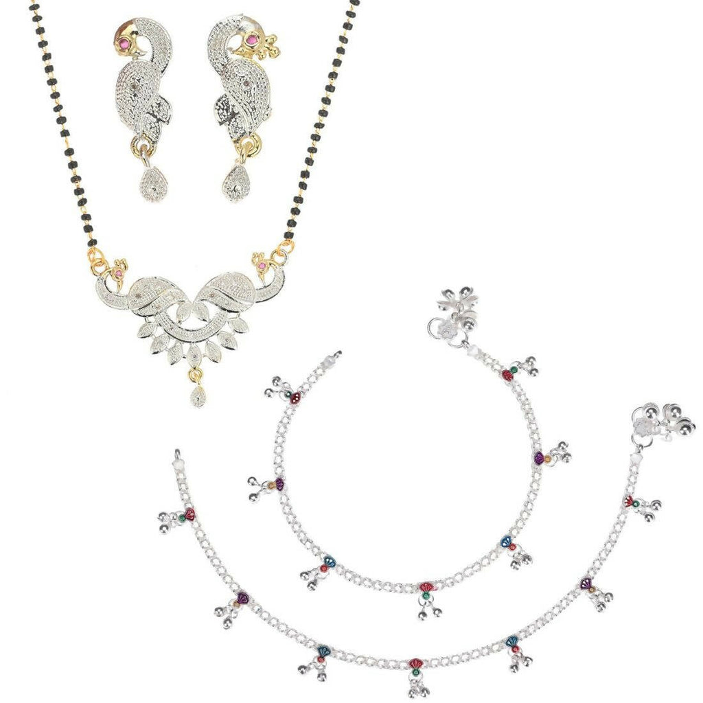 AanyaCentric Gold-Polished Mangalsutra Pendant Earring Set & Silver Plated Anklet