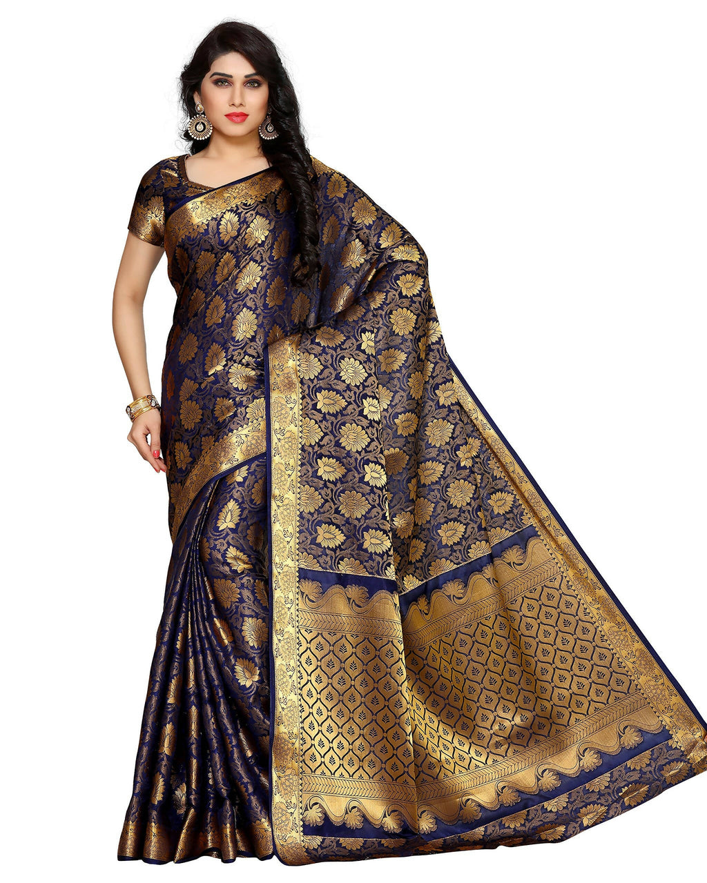 Mimosa Women's Kanchipuram Silk Navy Blue Saree