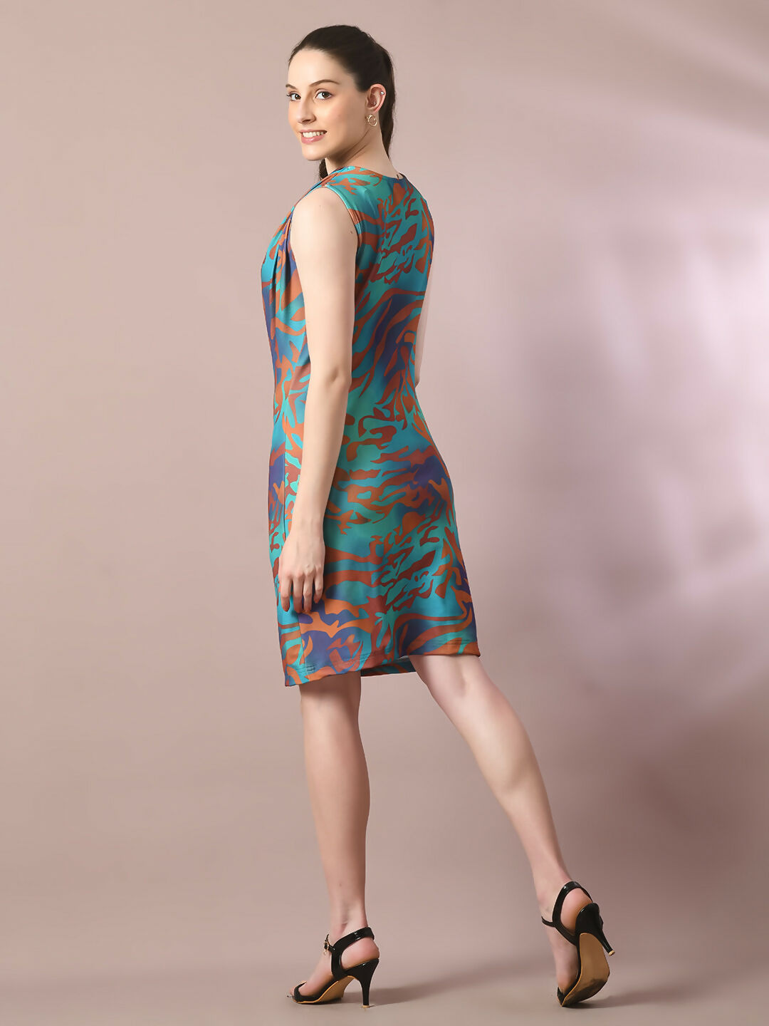 Myshka Women's Multi Printed Cowl Neck Bodycon Party Dress