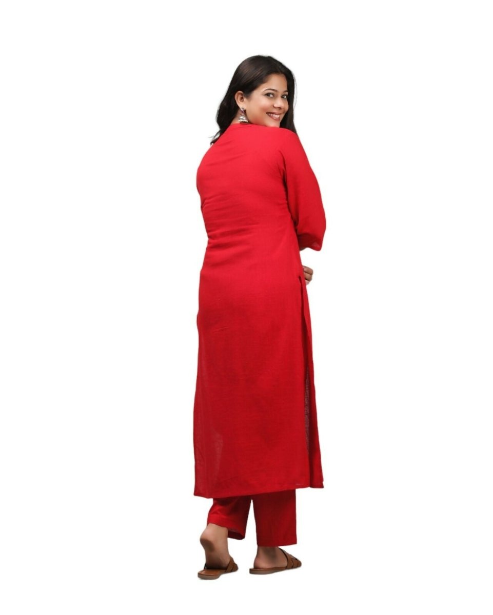 Aramya Red Khadi Cotton Solid Print Straight Kurta Pant Set for Women