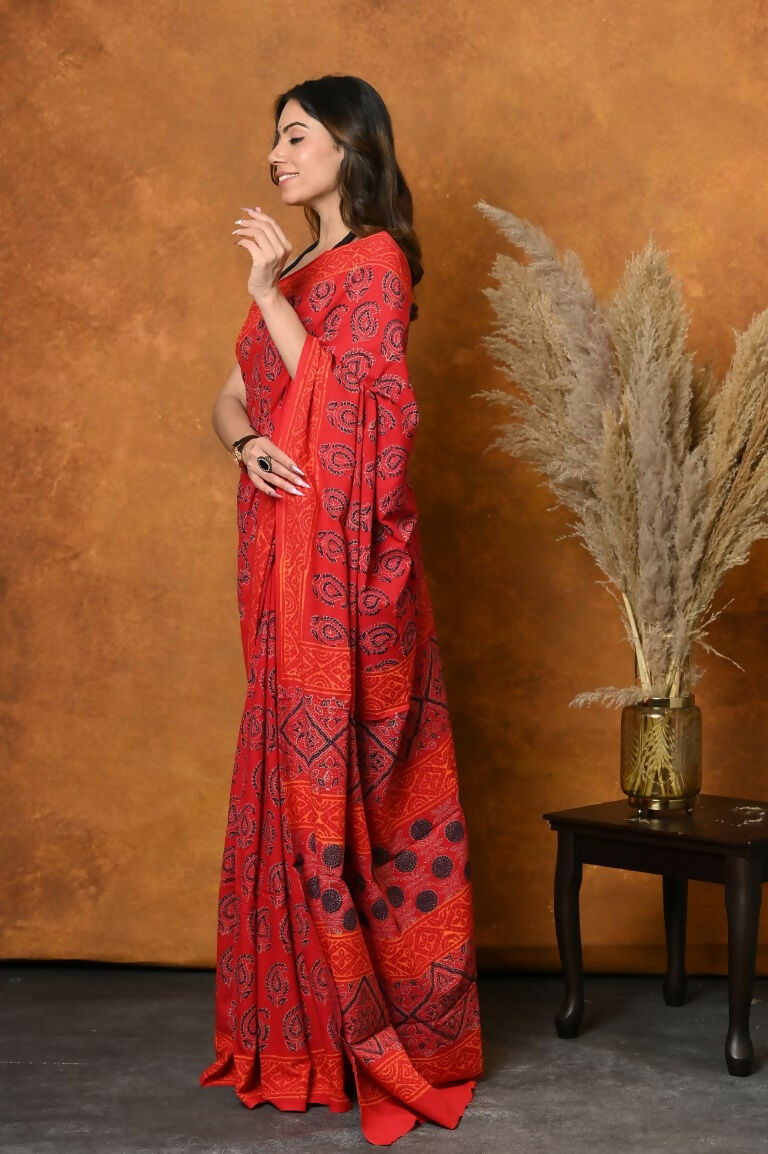 Very Much Indian Handblock Printed Cotton Saree With Natural Dyes - Red