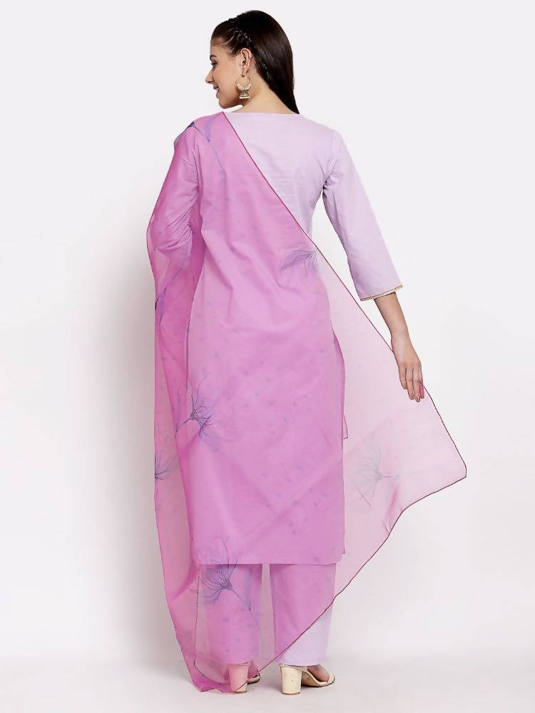 Myshka Women's Light Purple Cotton Solid 3/4 Sleeve Round Neck Casual Kurta Pant Dupatta Set