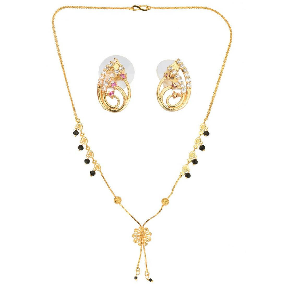 AanyaCentric Gold-Polished Short Mangalsutra Set with Earrings