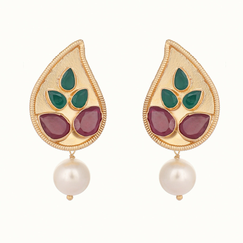 Nuyug 22K Gold Plated Ruby Stone Studded Contemporary Petal Shaped Pearl Drop Stud Earrings