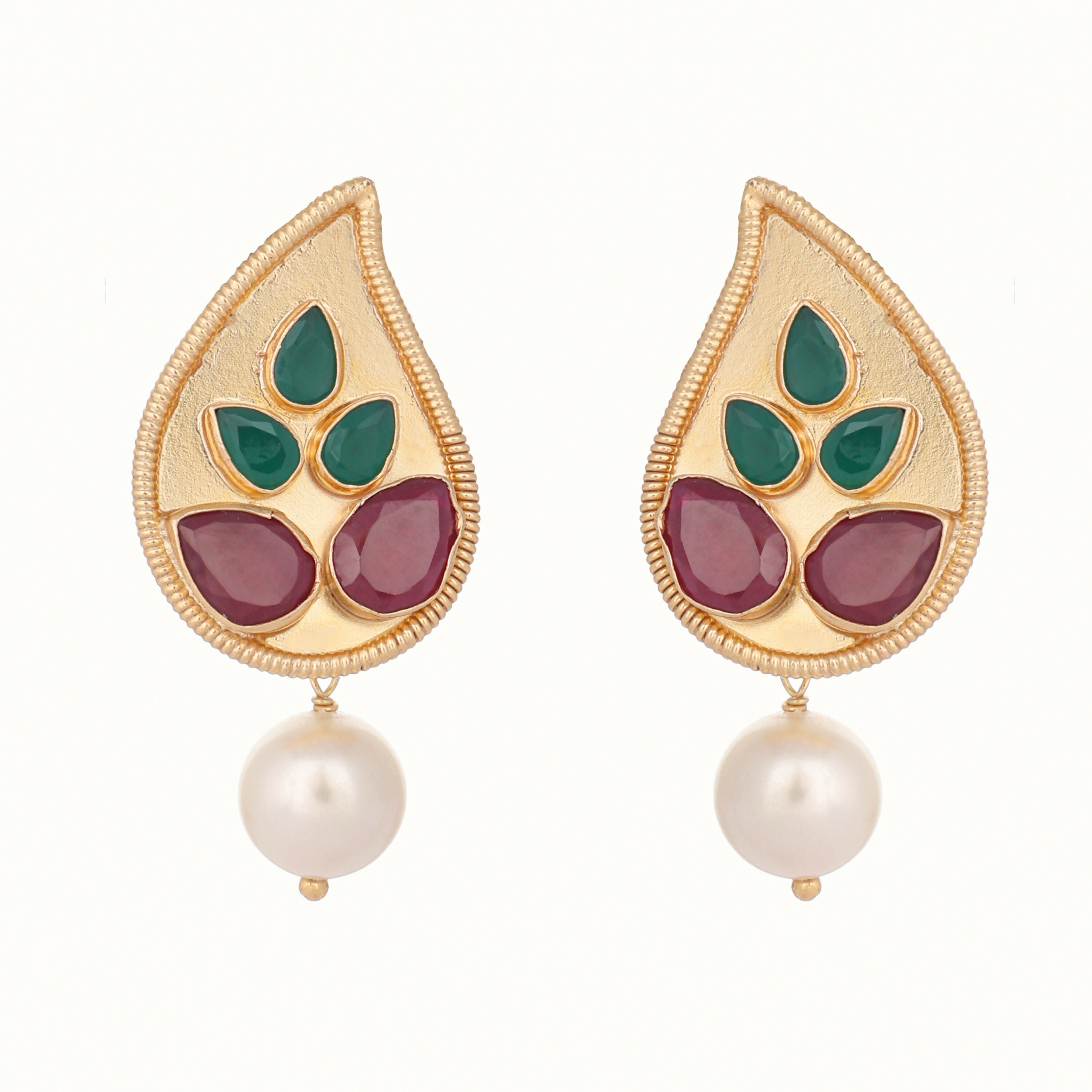 Nuyug 22K Gold Plated Ruby Stone Studded Contemporary Petal Shaped Pearl Drop Stud Earrings
