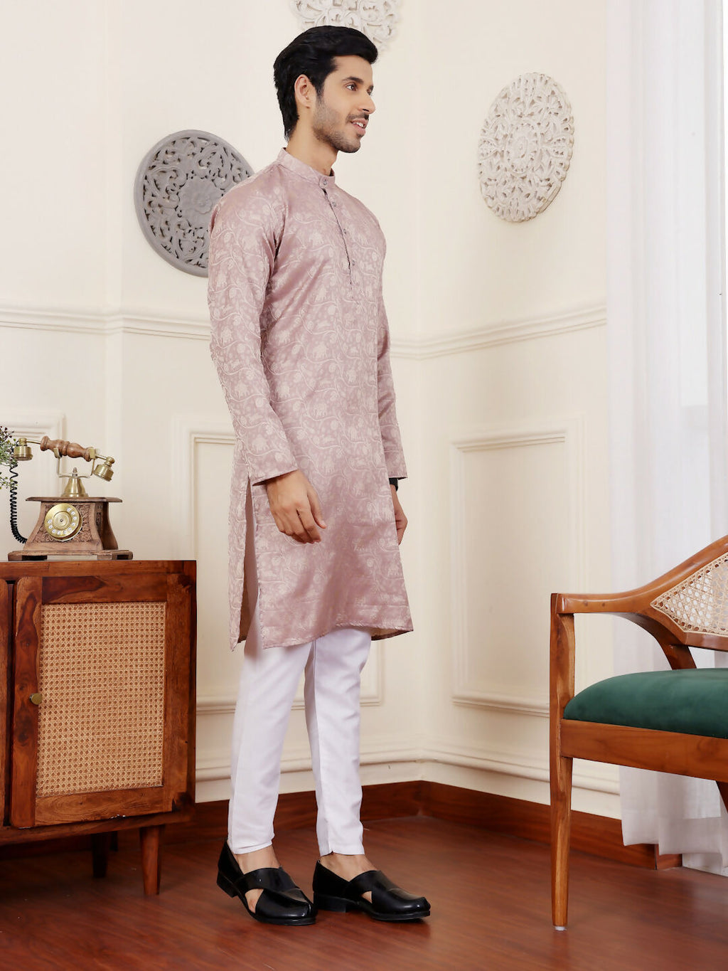 Mauve Modal Silk Wevon Designer Men's Rajwadi Kurta Set - Mahotsav