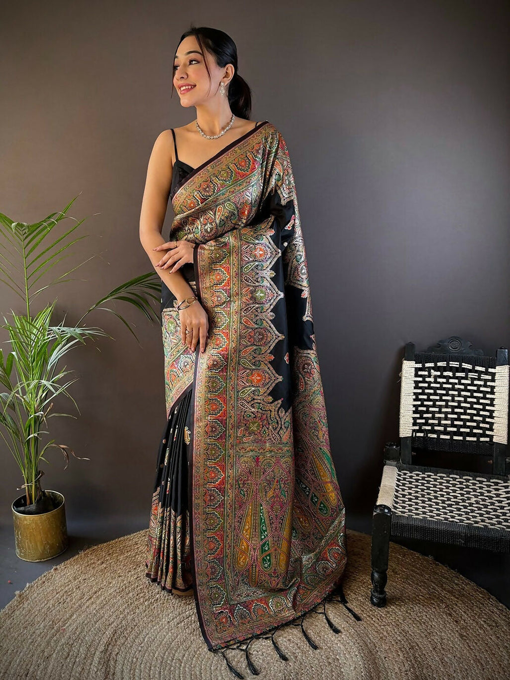 Joban Fashion Black Meena Weaves Pashmina Sarees