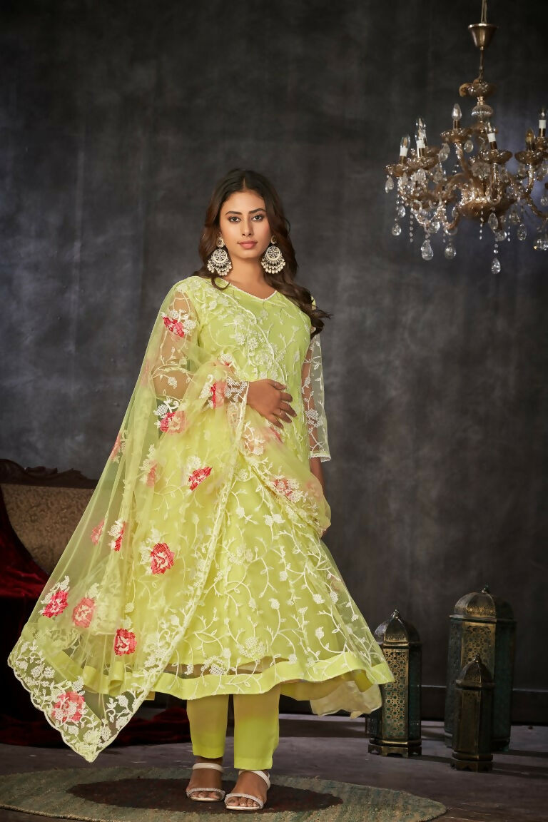Jyoti Fashion Women's Pista Net Embroidered Anarkali Kurta Pant Set With Dupatta