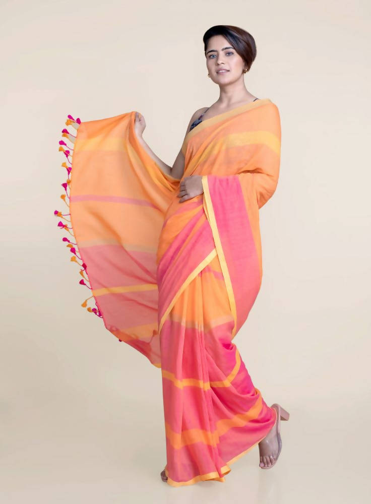 Suta Orange Pink Striped Mul Saree