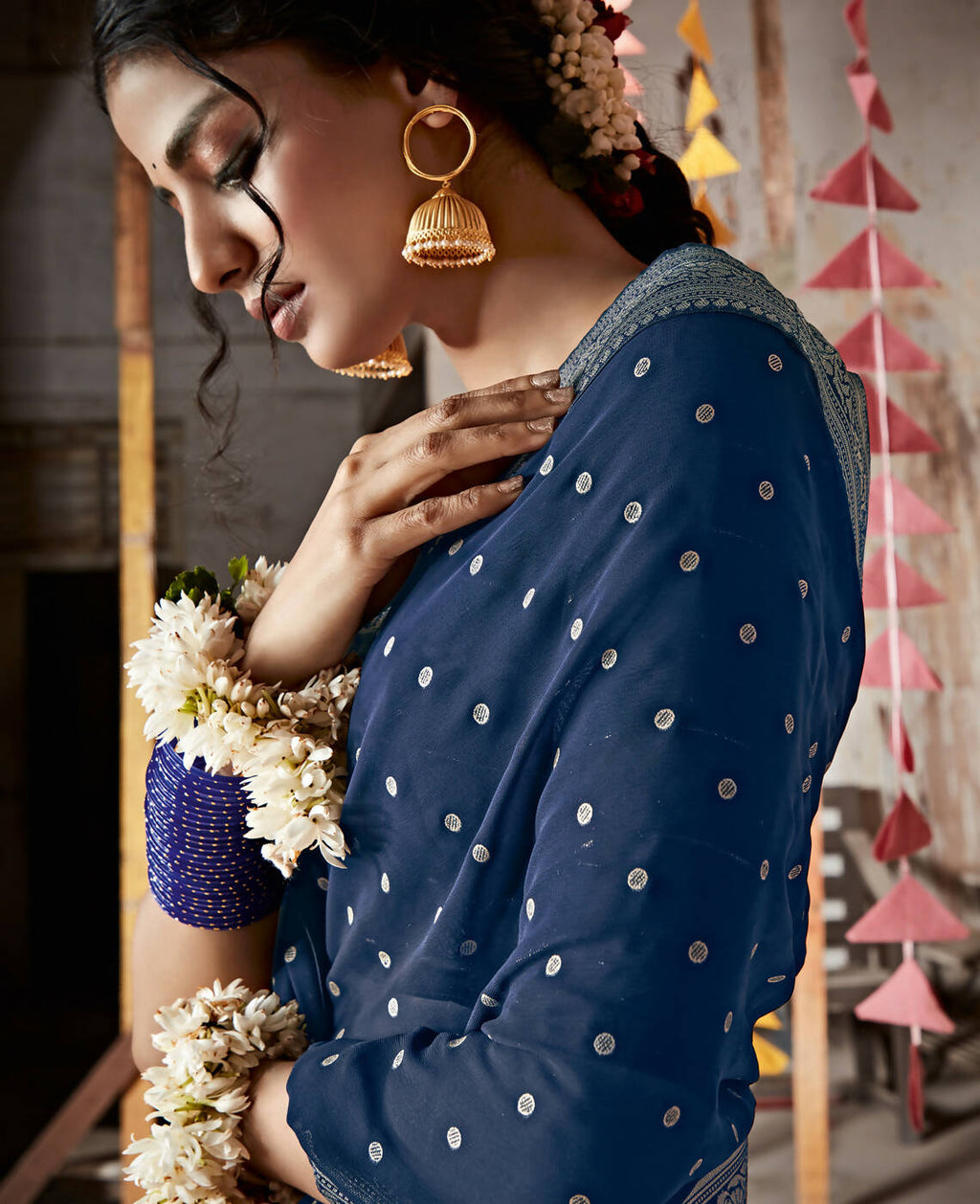 Blue Georgette Foil Printed Saree With Unstitched Blouse Piece - Nitya