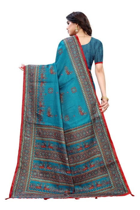Vamika Blue Mirror Work With Jhalar Khadi Silk Saree (AASHI BLUE)