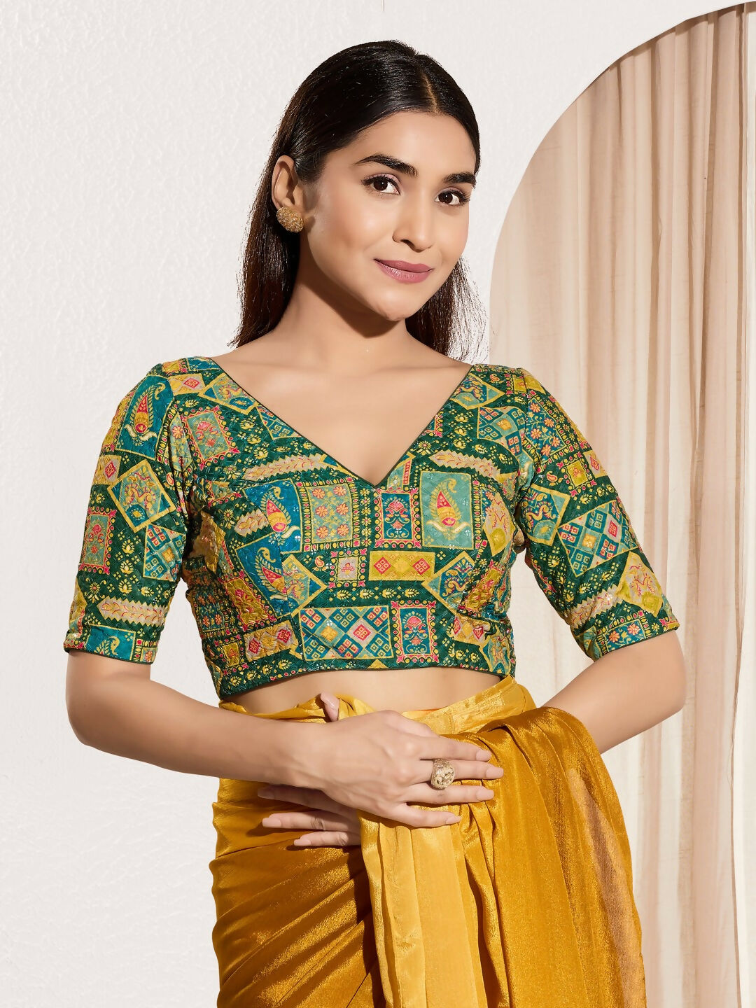 Joban Fashion Bottle Green Viscose Rayon Padded Blouse With V Neck Elbow Sleeves
