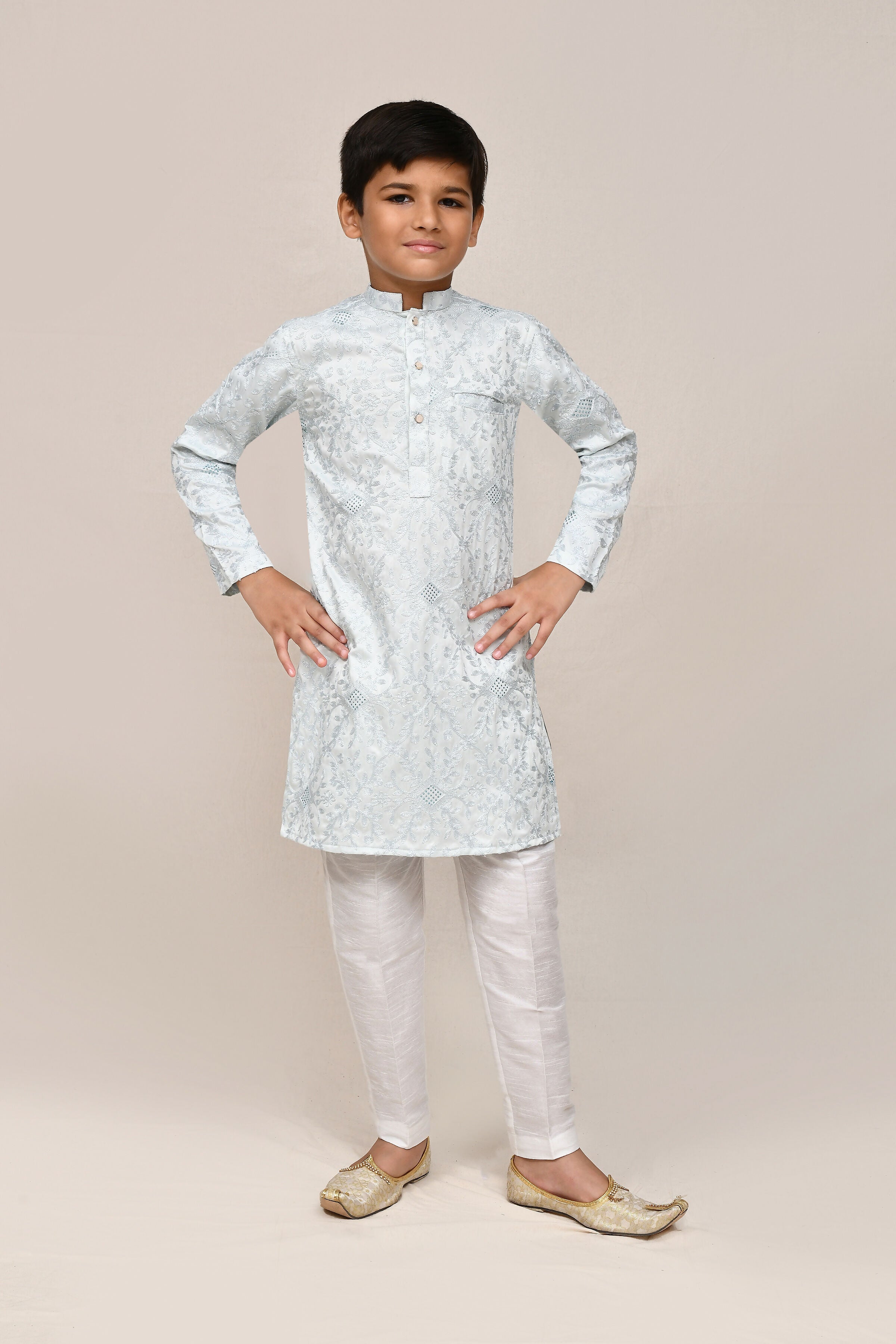 Joban Fashion Silk Based Thread Work Sky Blue Kurta With Straight Fit Pant