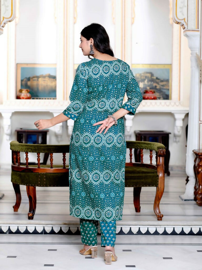 Miravan Women's Cotton Green Floral Printed Straight Pakistani Style Suit Set