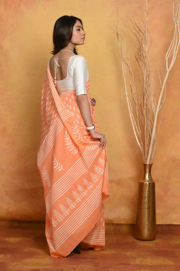 Very Much Indian Handblock Printed Cotton Saree With Natural Dyes - Light Peach