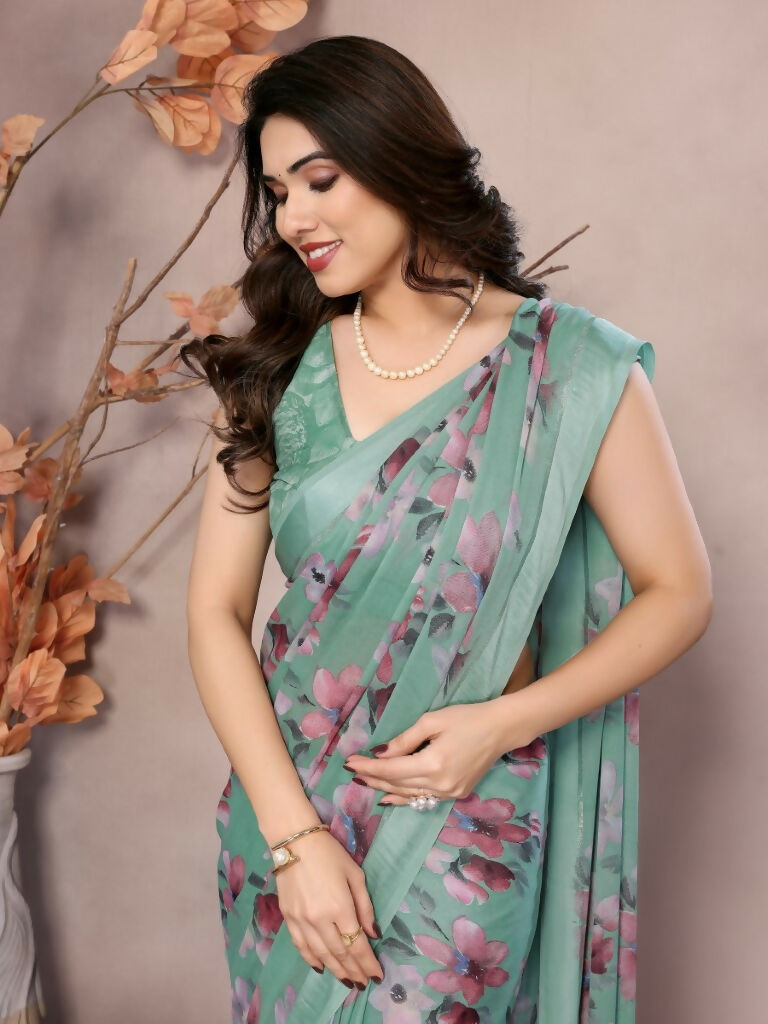 Designer Partywear Teal Bright Moss Satin Patta Fancy Saree - Kanak