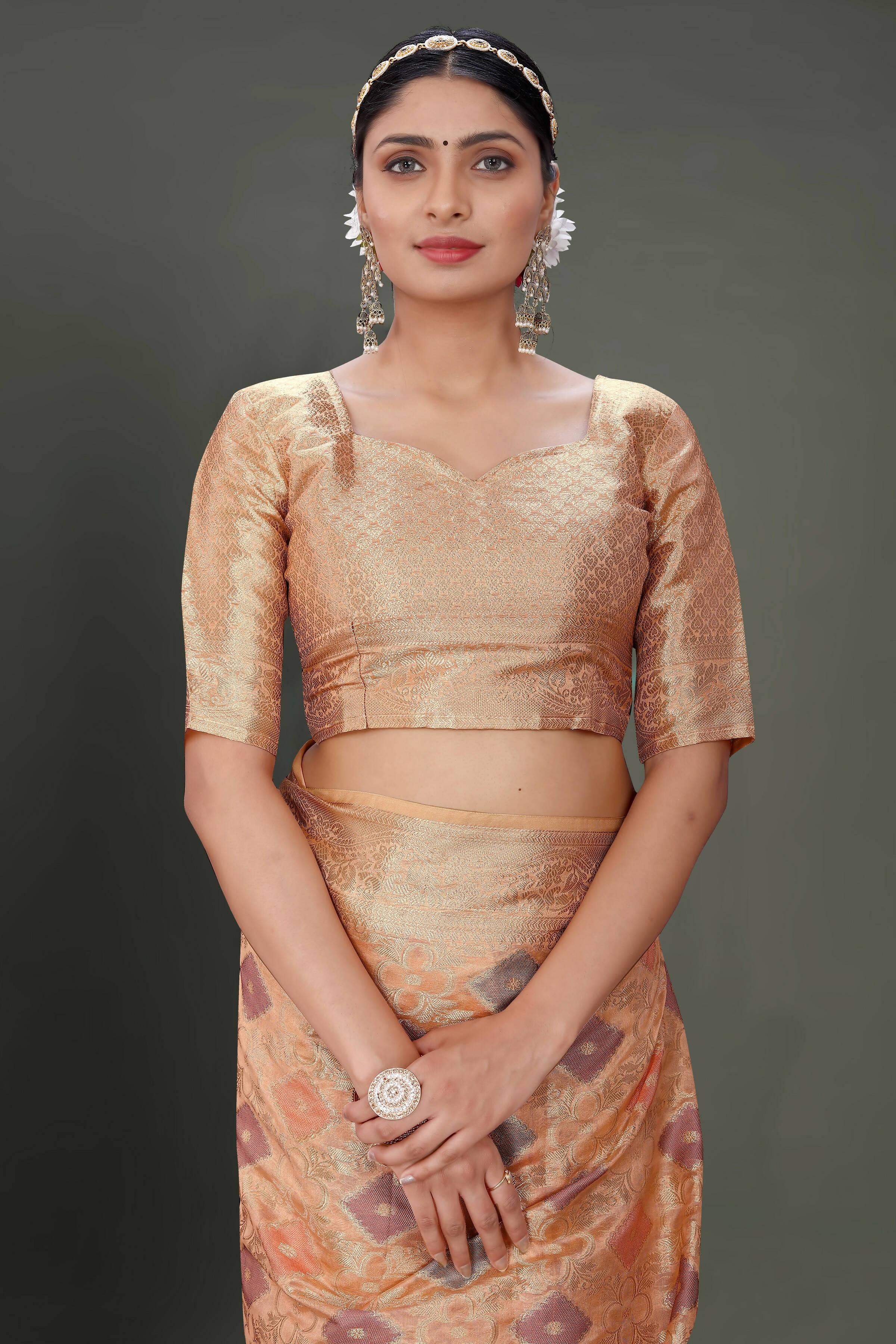 Peach Soft Organza Woven Design Saree With Unstitched Blouse Piece - Zaara
