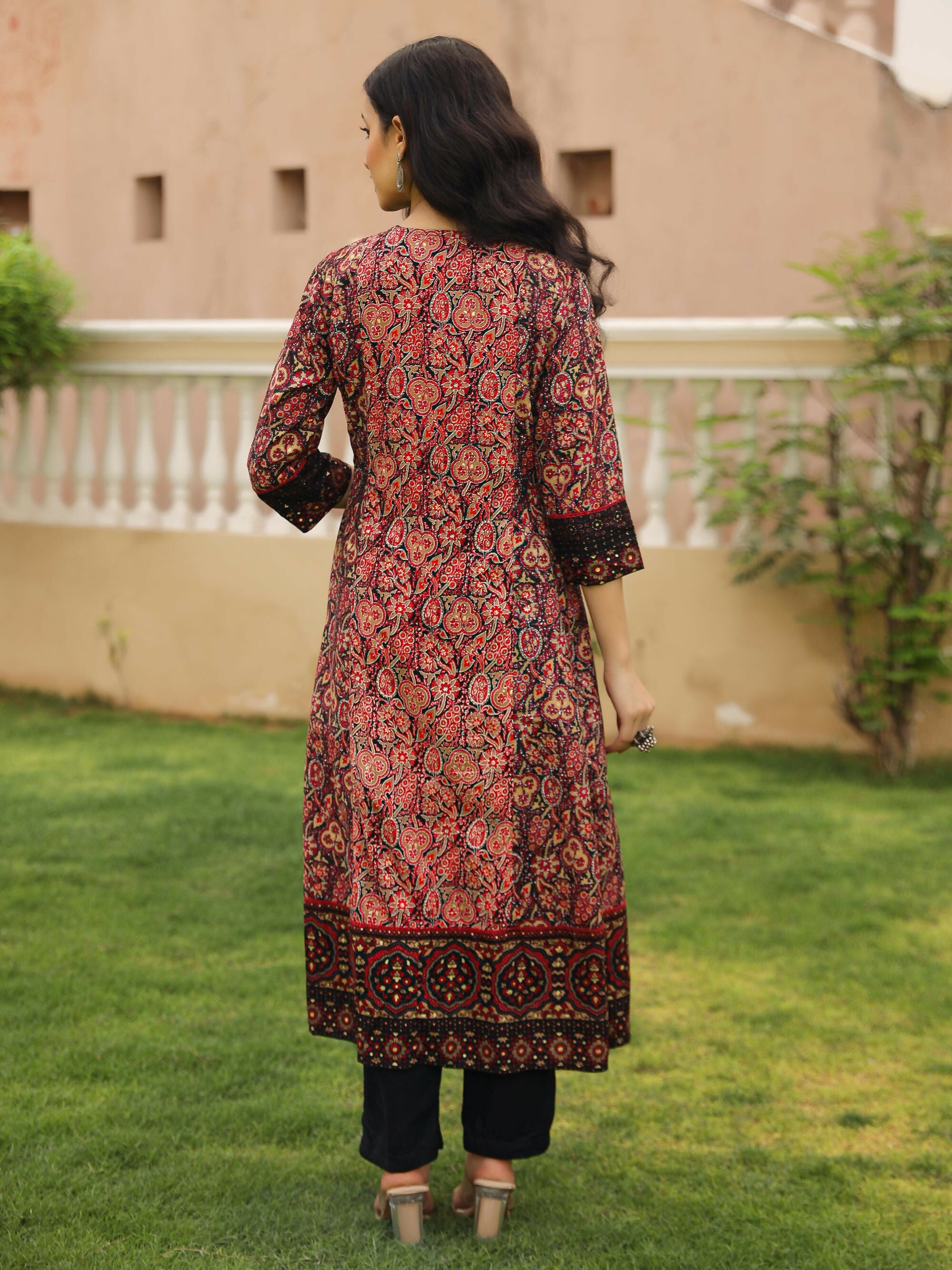 Juniper Women's The Mahautsavam Black Ethnic Motif Printed Muslin Shrug Inner & Pant Set With Thread & Mirror Work