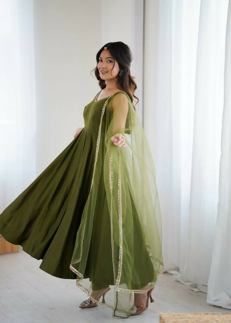 Teeya Creation Green Color Pure Roman Silk Mirror Lace Party Wear Gown