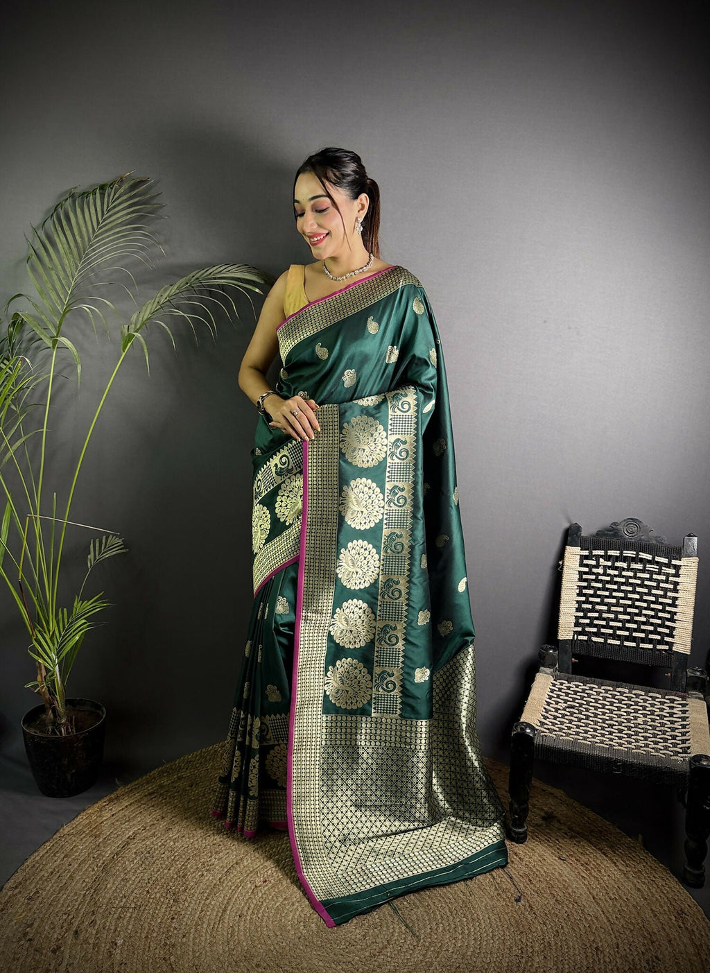 Joban Fashion Dark Green Banarasi Soft Lichi Silk Paisley Saree