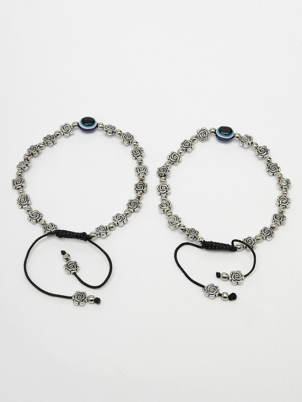 NVR Women's Evil Eye Black Silver Plated Adjustable Anklets