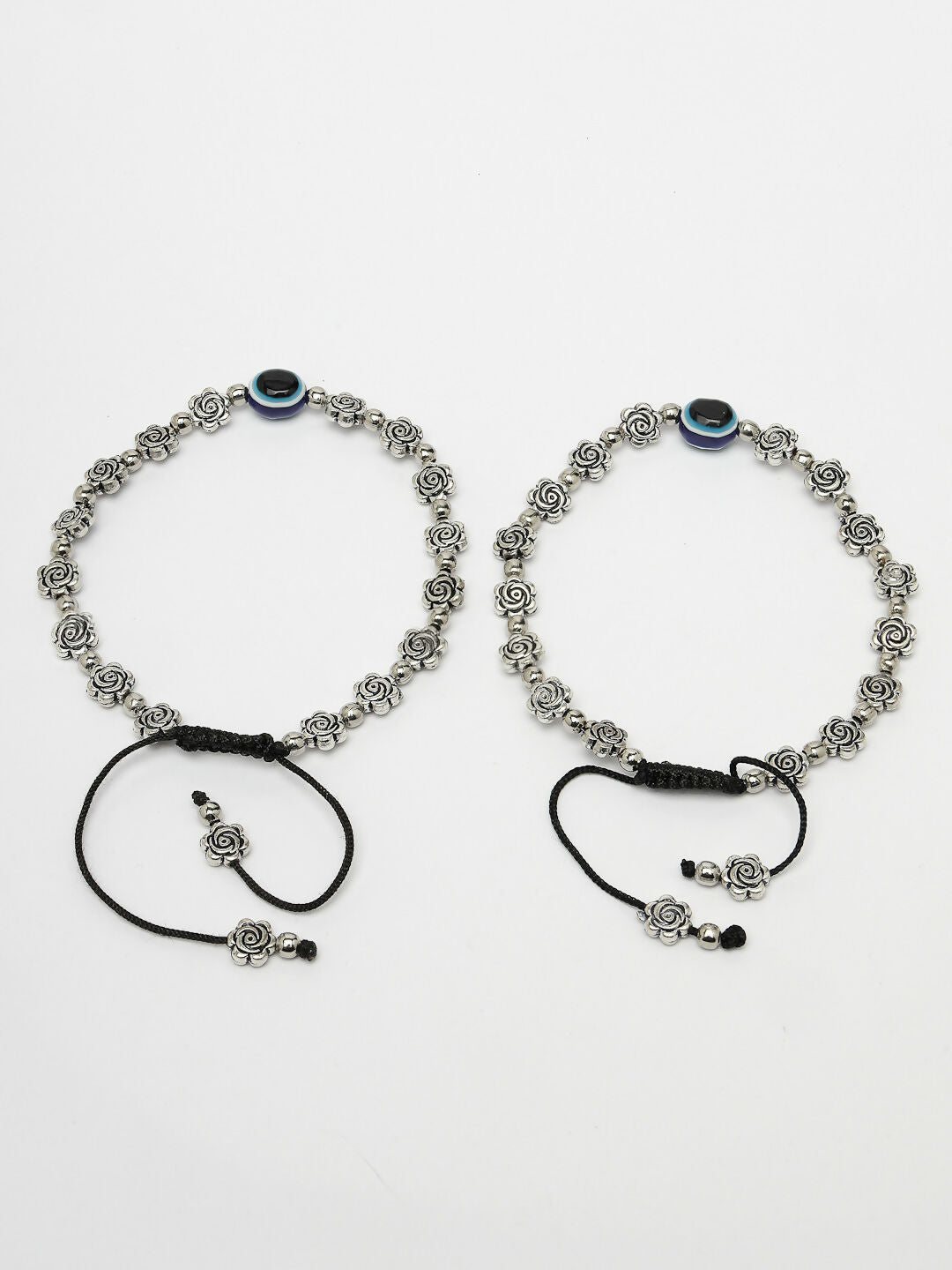 NVR Women's Evil Eye Black Silver Plated Adjustable Anklets