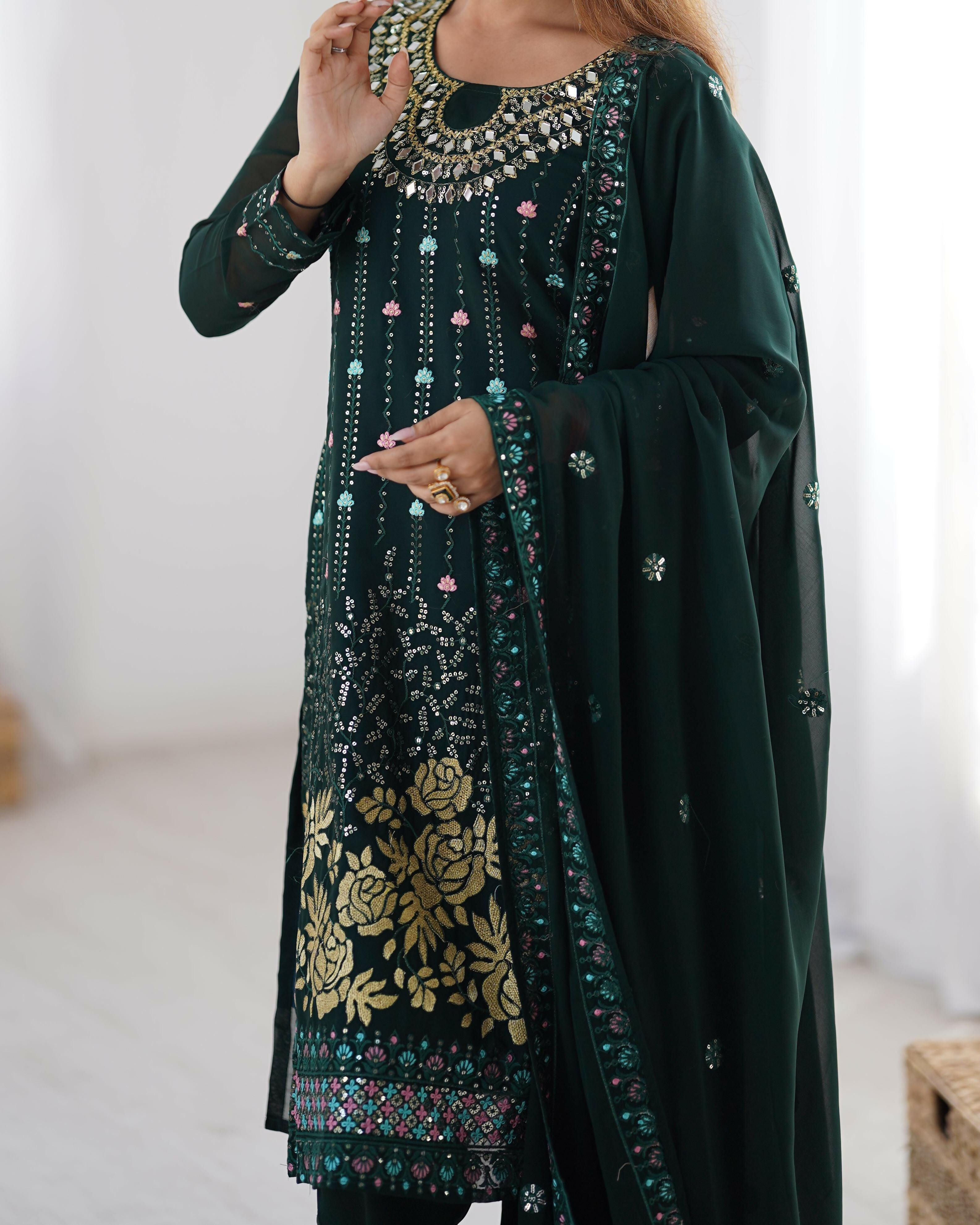 Joban Fashion Dark Green Kurta set with Pant Georgette Thread with Sequins work