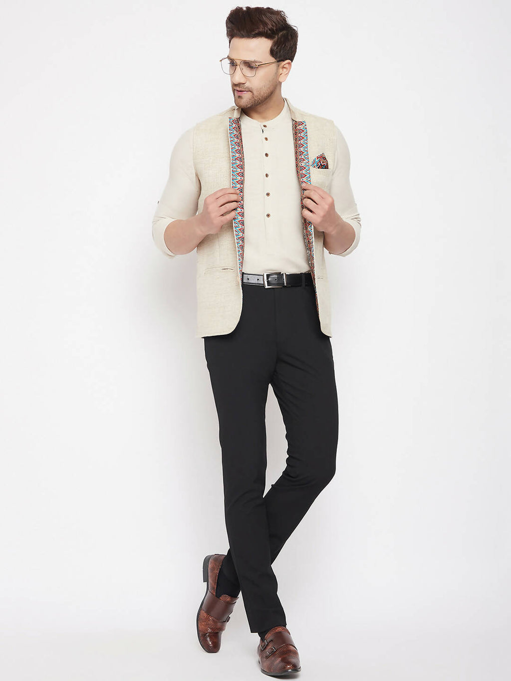 Even Apparels Beige Linen Men Woven Nehru Jacket