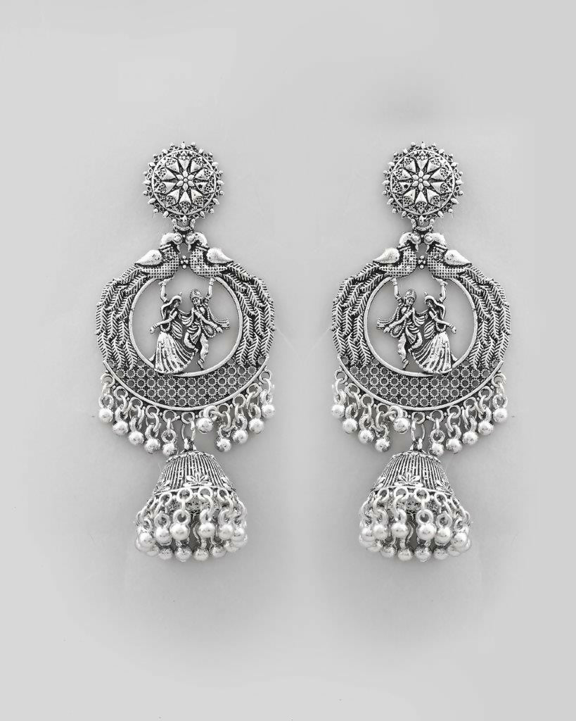 VOJ Silver Plated Krishna Cricluar Oxidized Earrings