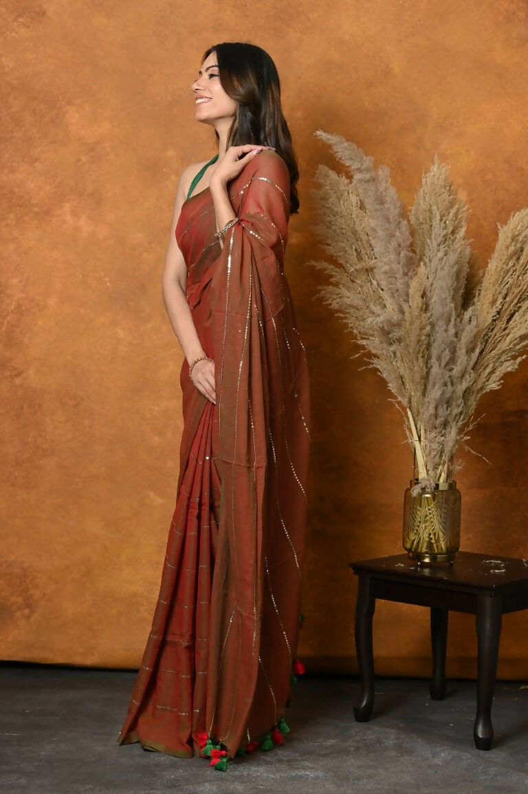 Very Much Indian Designer Mul Cotton Handloom Saree with Sequins - Dual Tone Red Green