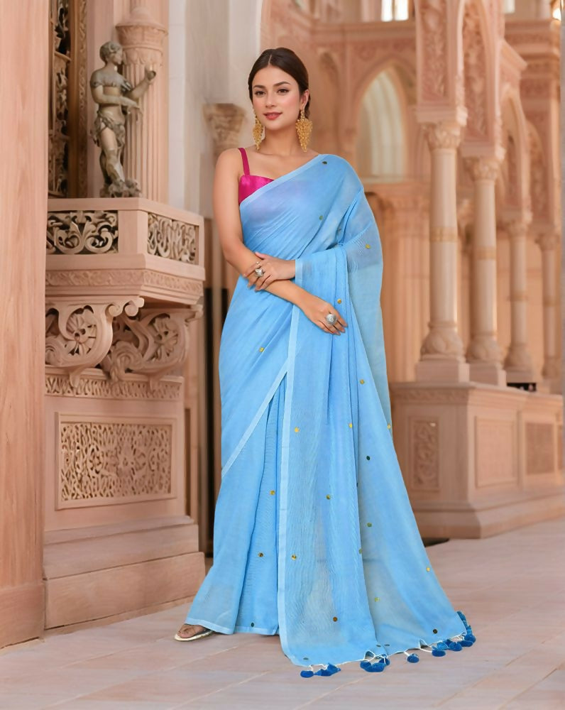 Joban Fashion Women Sky Blue Trendy Cotton Saree