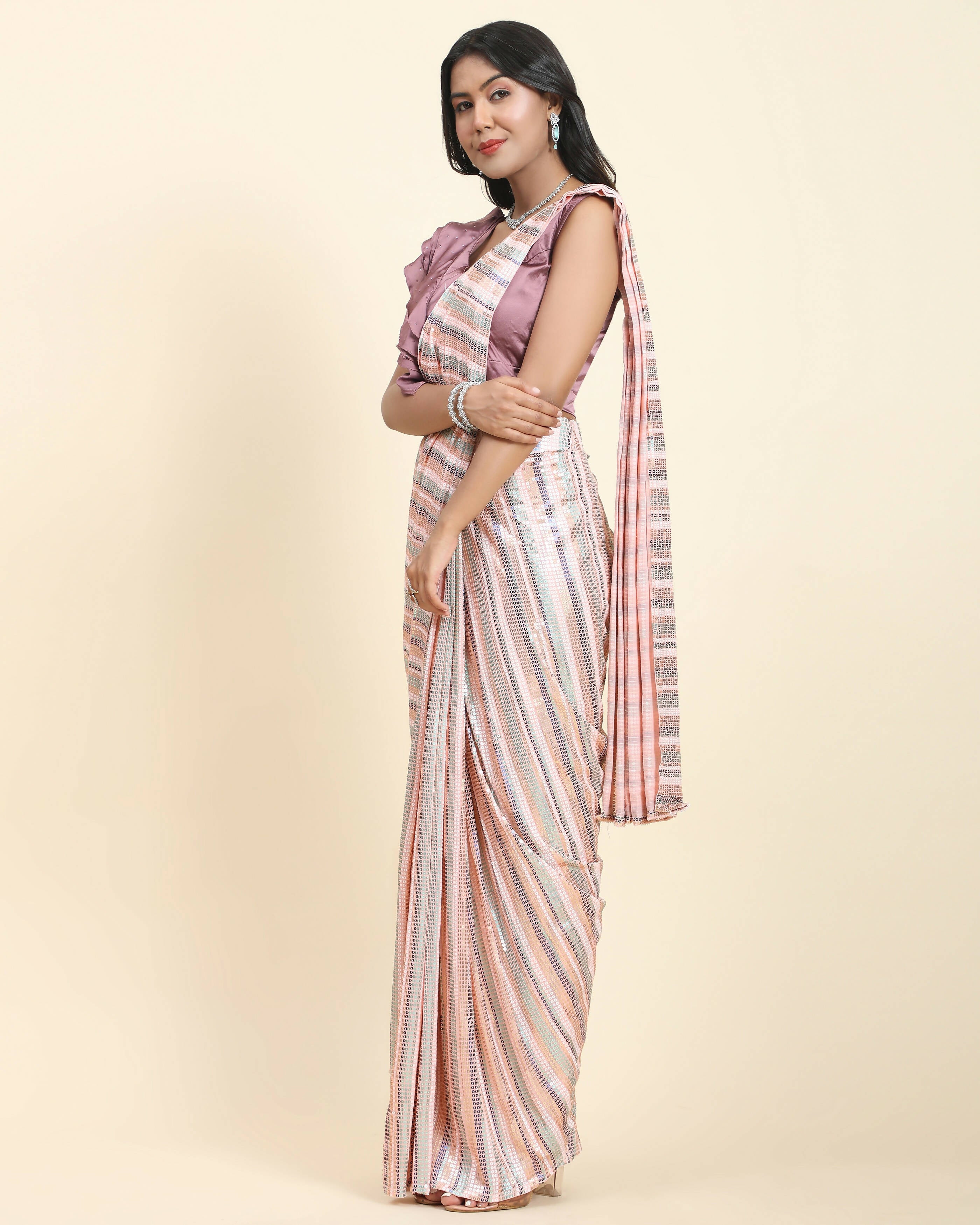 Peach Pure Georgette Sequence work Ready to wear Saree with stitched Blouse - Satiksha
