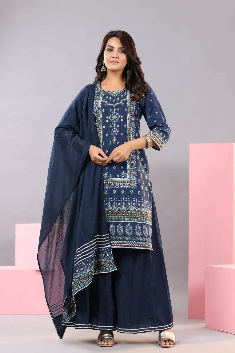 Juniper Women Indigo Cotton Cambric Printed Kurta, Palazzo and Dupatta Set