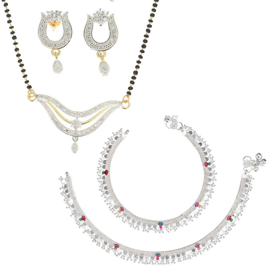 AanyaCentric Gold-Polished Mangalsutra Pendant Earring Set & Silver Plated Anklet