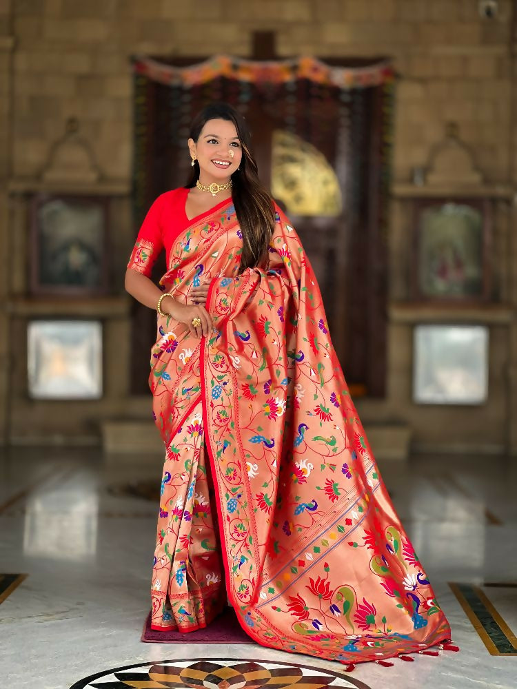 PR Fashion Red Oft Kanjivaram Paithani Silk With Zari Weaving Meenakari Design Saree