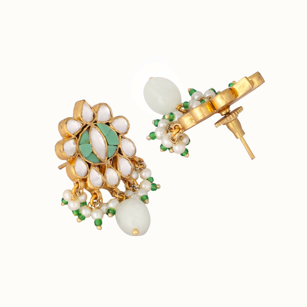 Nuyug 22K Gold Plated Semi Precious Green Stone Studded Pearl Drop Stud Earrings